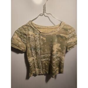 Pilcro S/S Crop Top Womens XS Green Camo Cropped 100% Cotton Scoop Neck Knit